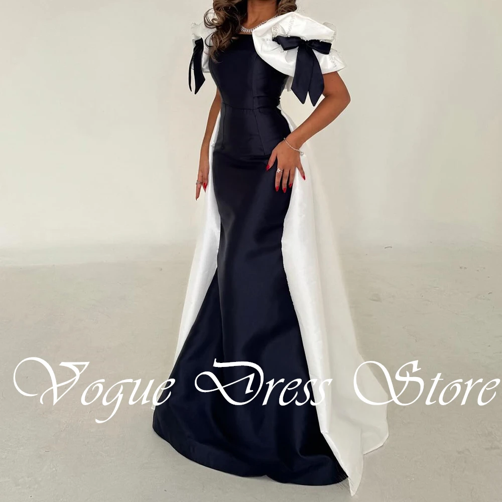 Customized Elegant Crystal Bow Satin Off the Shoulder Mermaid Evening Dress Delicate Short Sleeves Panel Train Celebrity Gowns