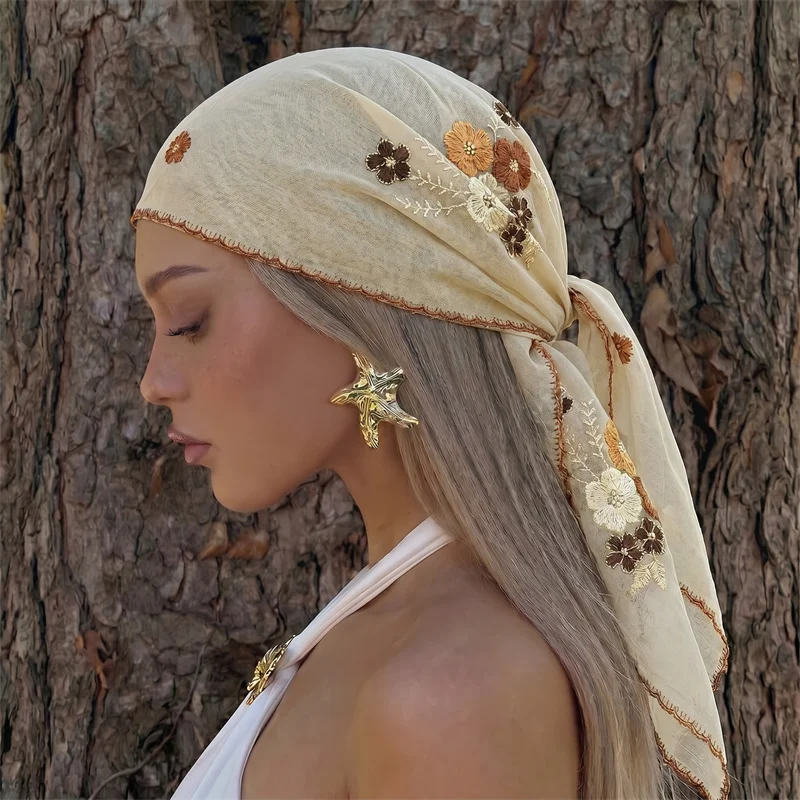 Boho Floral Embroidered Square Scarf Soft Mesh Shawl and Bandana Women Beach Head Wrap Muslim Hijab Multi-purpose Scarves