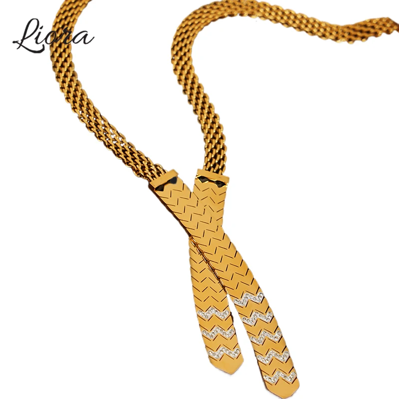 

Liora 316L Stainless Steel X Shap Necklace For Women Rhinestone Long Mesh Chain Choker Necklace Fashion Waterproof Jewelry Gift