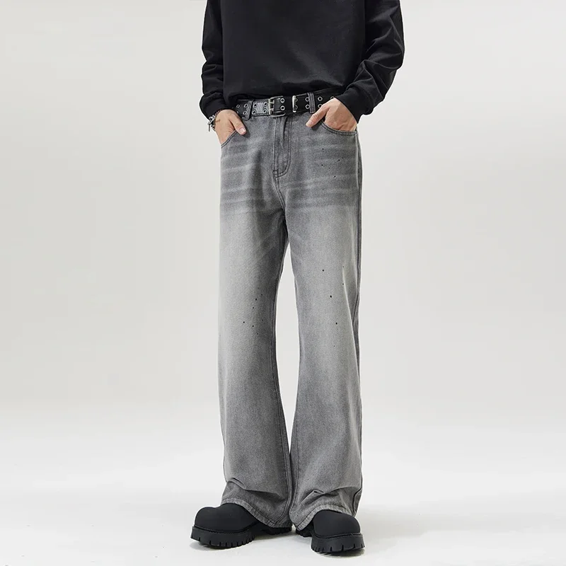 

Gray Gradient Washed Sashes Flare Jeans Men's Streetwear Baggy Y2K Bell-bottoms Harajuku Loose Casual Denim Trousers Male