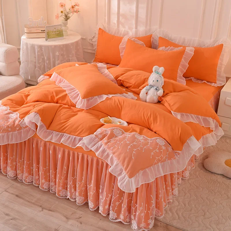 

2024 Korean princess bed skirt four-piece lace quilt cover girl heart solid color bed sheet