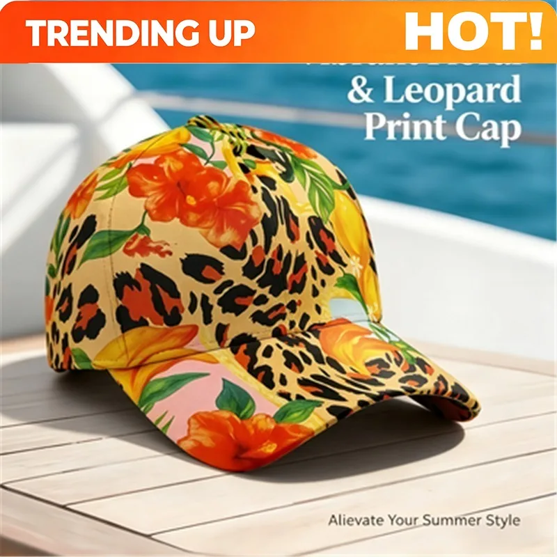 Customization Tropical Flower Leopard Print Baseball Cap, Summer Vacation Style Hat, Unisex Adjustable Visor Cap, Suitable For B