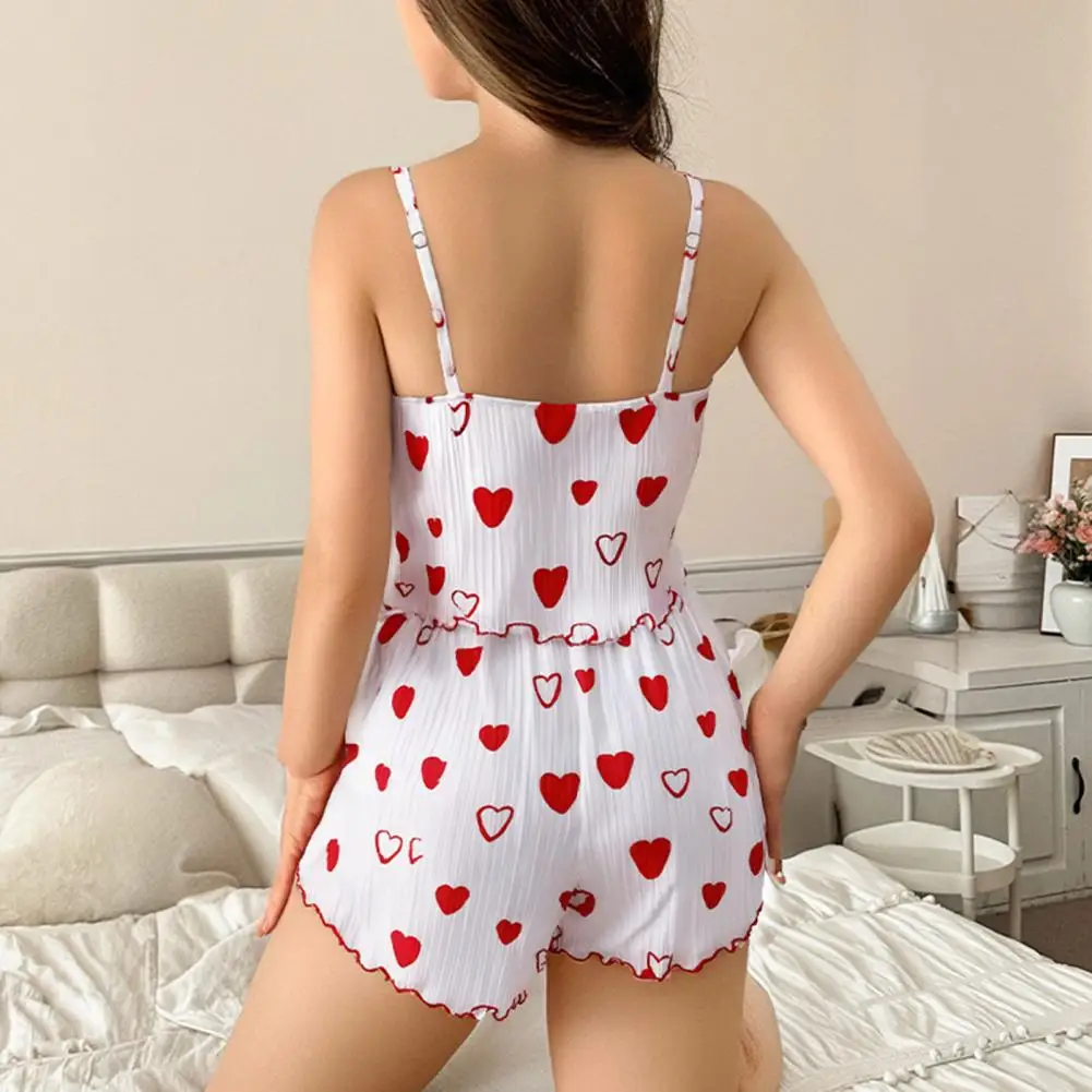 High-quality Sleepwear Ensemble Heart Print Camisole Pajama Set with Spaghetti Strap Crop Tank Top Shorts for Women for Women