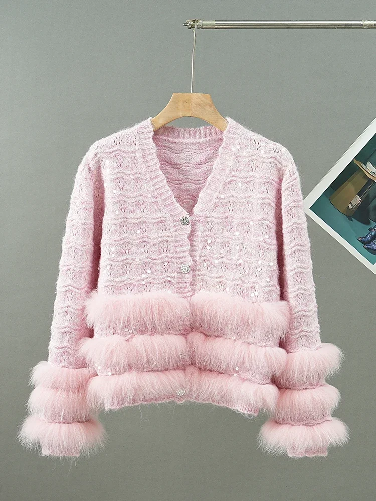 

2024 Autumn New Real Fox Hair Splicing Soft Sweater Jacket Sweet V-neck Long-sleeved Single-breasted Fur Knitted Sweater Women