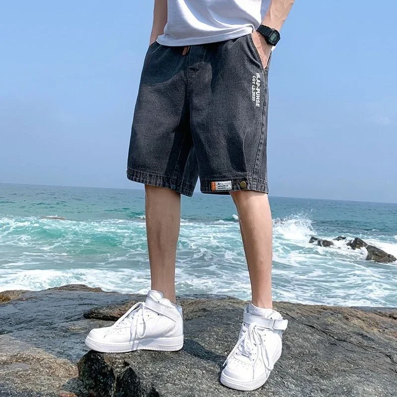 Loose Male Denim Shorts with Pockets Long Half Wide Baggy Bermuda Men's Short Jeans Pants Distressed Korean Fashion Cut New In