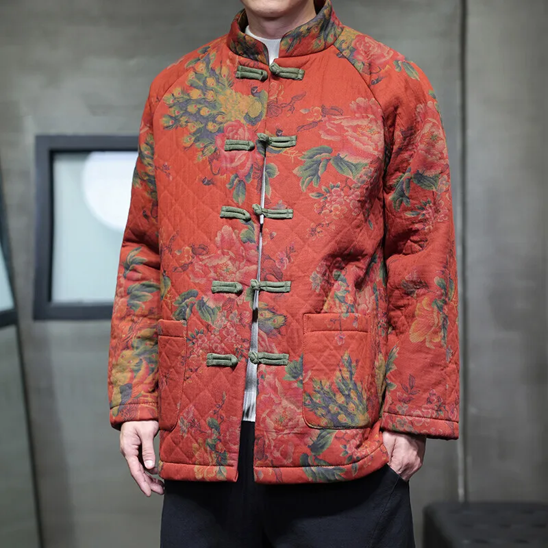 جواكت شتوية للرجل ريترو التقليدية طباعة زهرة تانغ دعوى سترة الرجال الكونغ فو تاي تشي معطف سترات غير رسمية الرجال الملابس #2