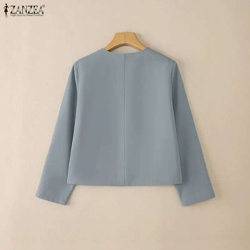 ZANZEA 여성 우아한 경량 짧은 블레이저 오 넥 긴 소매 버튼 업 솔리드 컬러 정장 재킷 봄 사무 작업 겉옷
