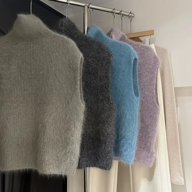 Vintage Korean Style Wool Turtleneck Sleeveless Vest Pullover Sweater Warm Casual Outerwear for Women Autumn Winter Daily Wear