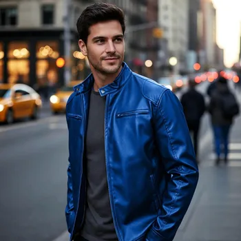 Men's PU leather jacket stand-up collar slim-fit vintage-style biker jacket spring/fall top 3