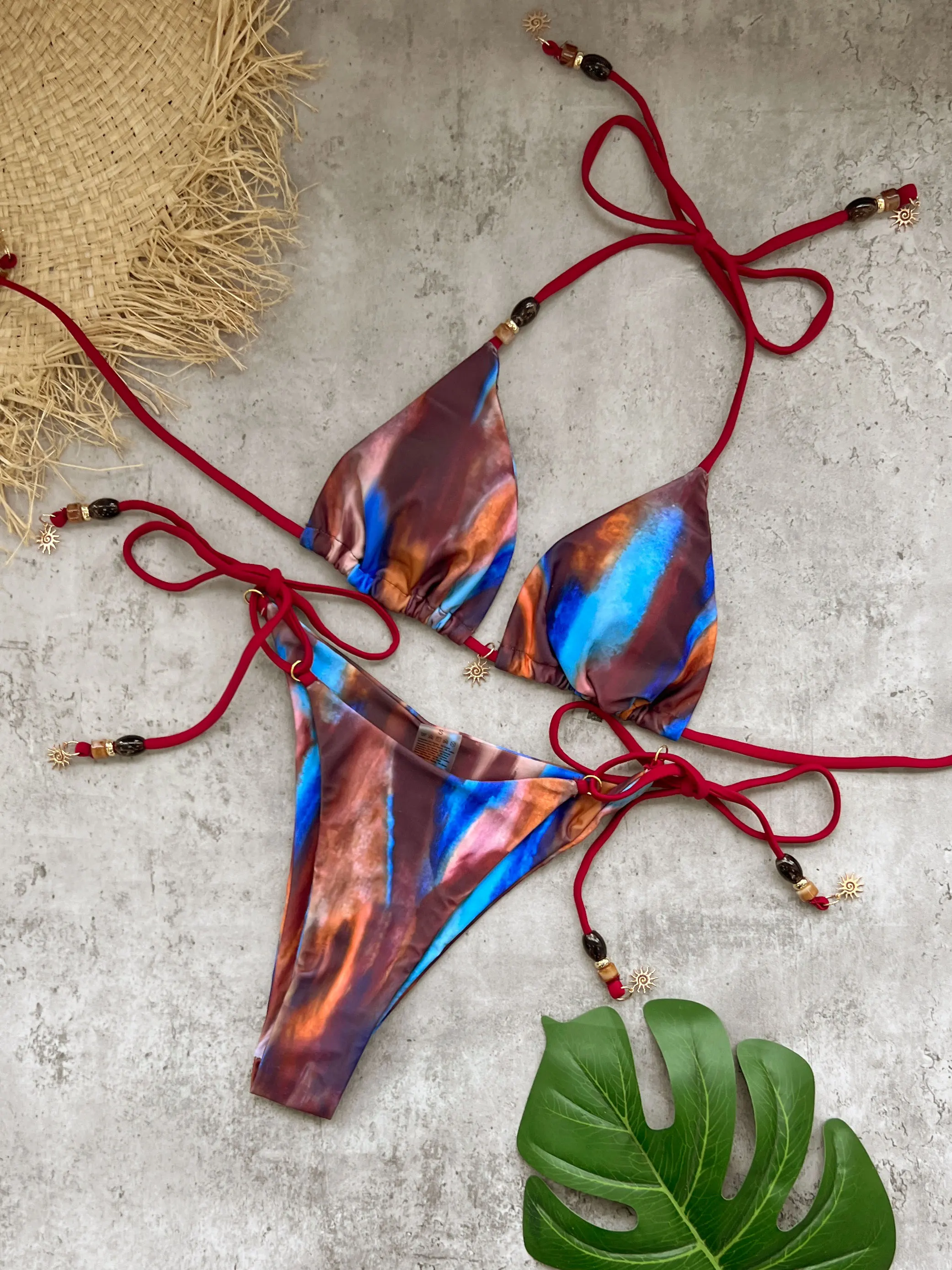Sexy Beads Decorated Lace-up Bikini Women's Swimsuit Fashion Lady Low Waist Biquini Swimwear Mujer Bathing Suit Female Beachwear