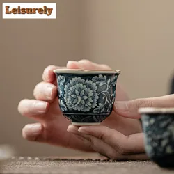 2pc/set Antique Blossoms Flower Ceramic Teacup Ru Kiln Flower Mouth Cup Small Master Cup Tasting Tea Bowl Kung Fu Teaware 40ml