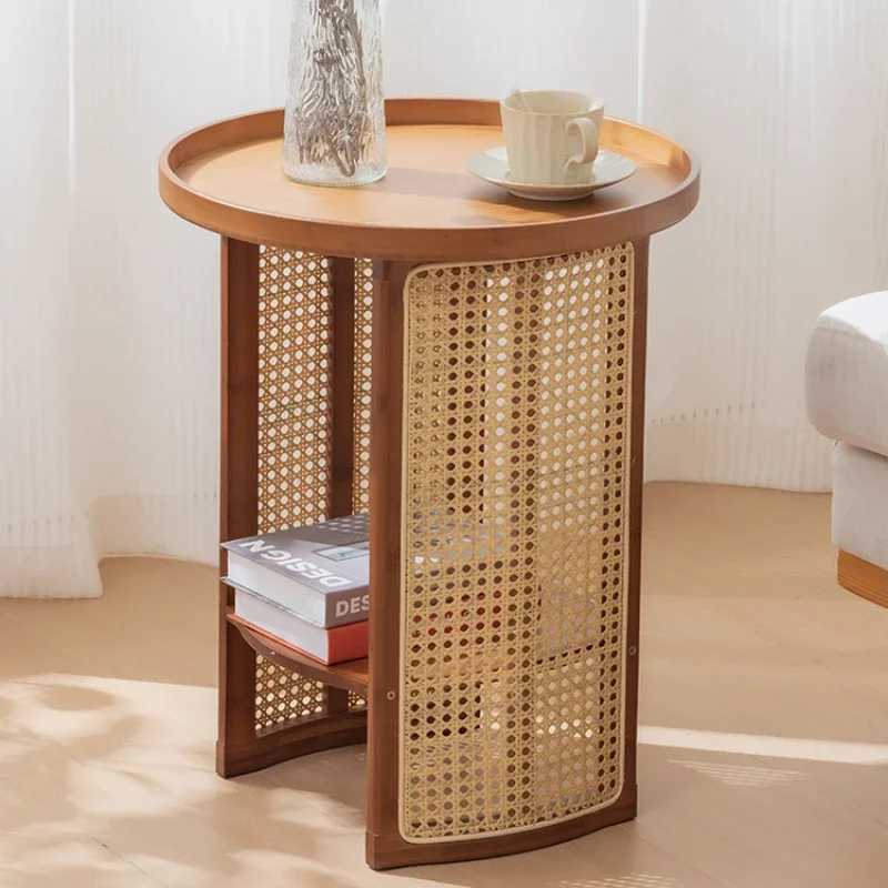 

Rattan Accented Coffee Table Minimalist Round Side Table Decorative Balcony Stand Compact Table for Bedroom or Living Room