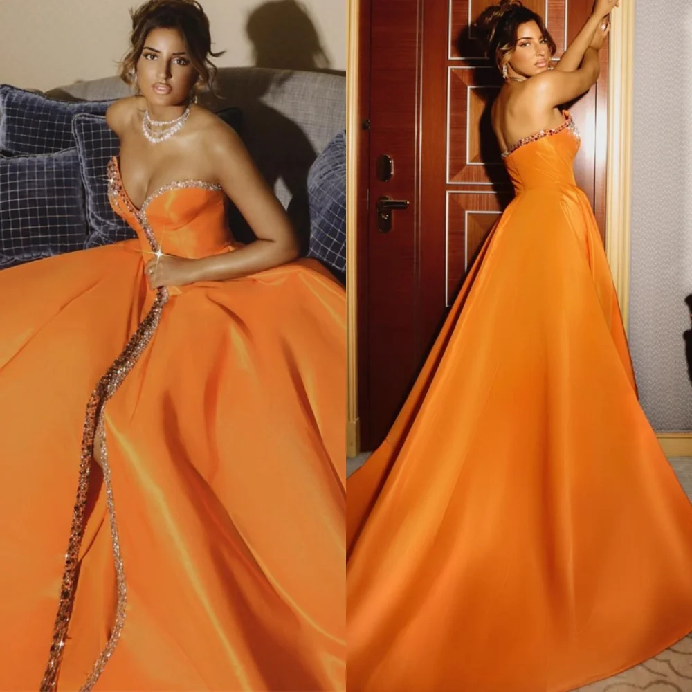 

Customized Elegant pure Satin Vestido De Festa High Quality Strapless Sleeveless Crystal Zipper Back Customized Vestido De Noche