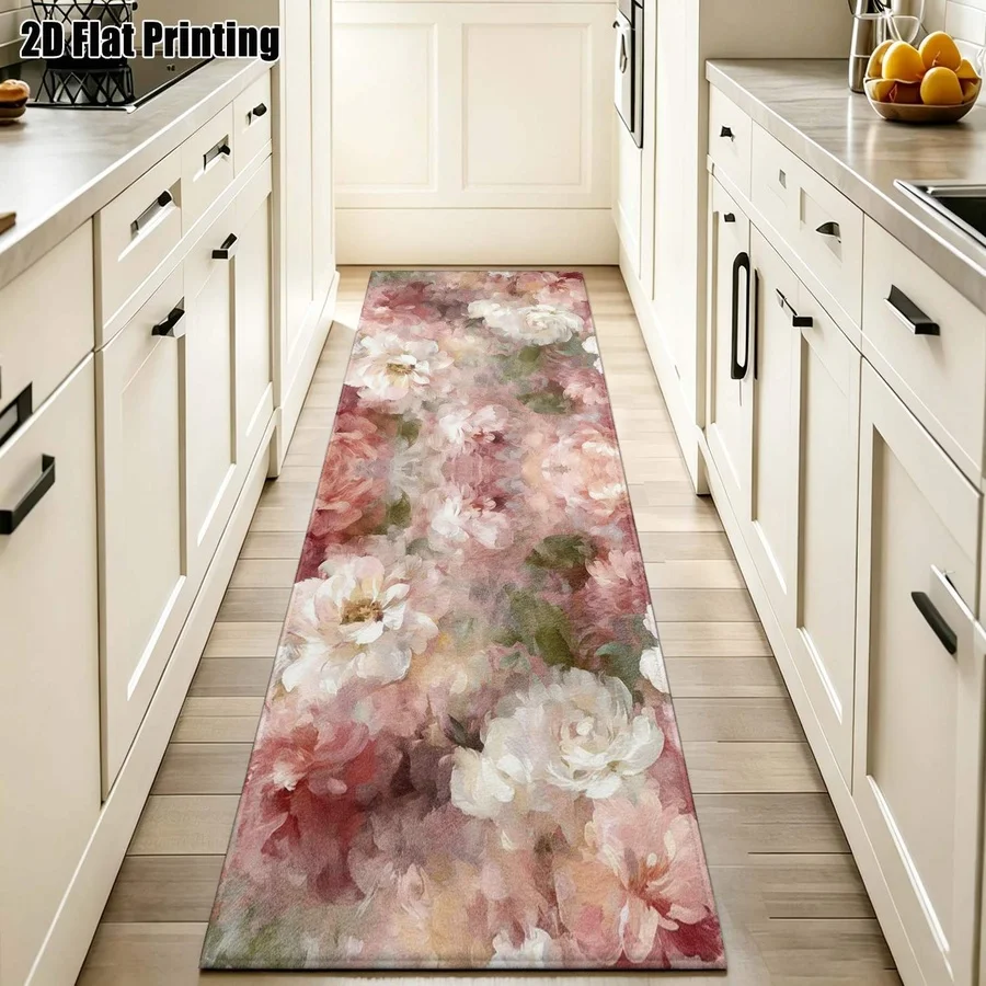 1Pc French Countryside Floral Pattern Long Carpet, Bohemian Style Printed Carpet, Suitable for Bedroom, Living Room, Corridor, Entrance, Bathroom, Bedside, Home Decoration, Outdoor Terrace Decoration