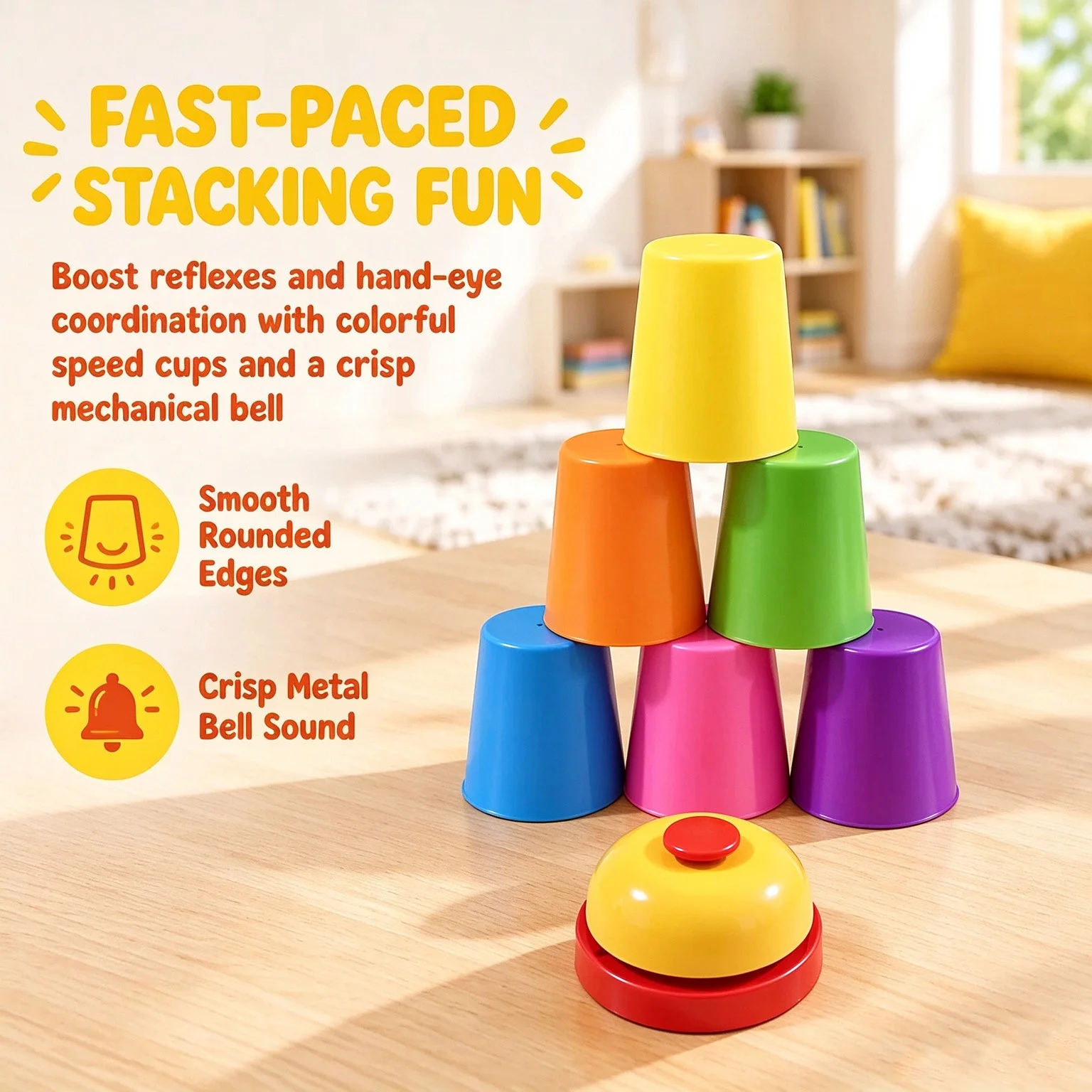 Kids Speed Stacking Cups Game with Bell Fast-Paced Cup Stacking Toy Colorful Hand-Eye Coordination Reflex Training Party Family