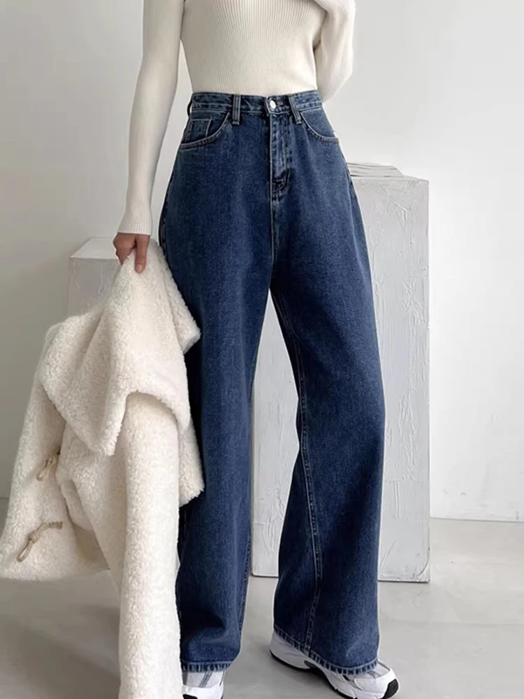 

Retro High Waist Button up Wide Leg Jeans Long Pants Women's Autumn Winter Chic Vintage Waed Straight Cut Denim Skinnies