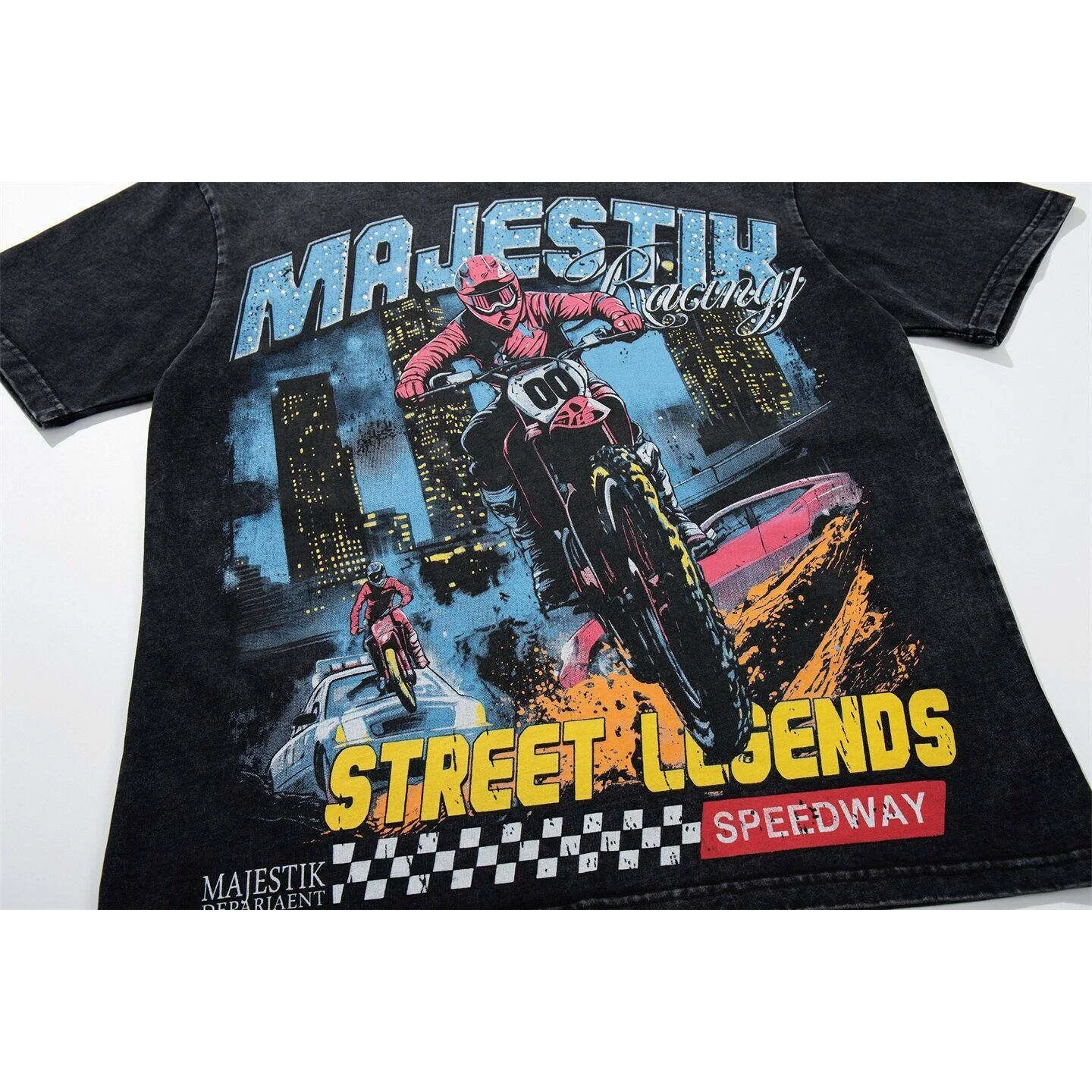 MAJESTIK American Retro Racing Print Beaded Short-Sleeved T-Shirt - Loose Fit Vintage Distressed Men's and Women's Top Trendy