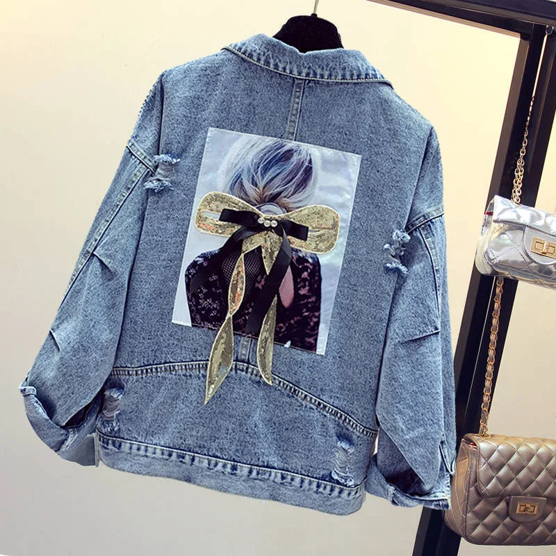 Denim Coats Pearl Special Winter Jean Jackets for Women 2024 Woman Coat Crop Latest Fashion New Arrival Fringe Novelty Blue Hit