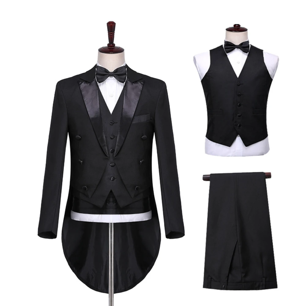 SILIWEYA Mens Wedding Suits Tuxedo Tails Shiny Tailcoat Dress Coat Swallowtail Formal Suit Blazer 3 Piece Set Stage Custom Made