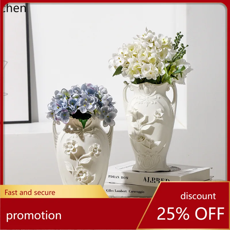 HXL Handmade Ceramic Vase Ornament Hydroponic Flower Container Embossed Vase