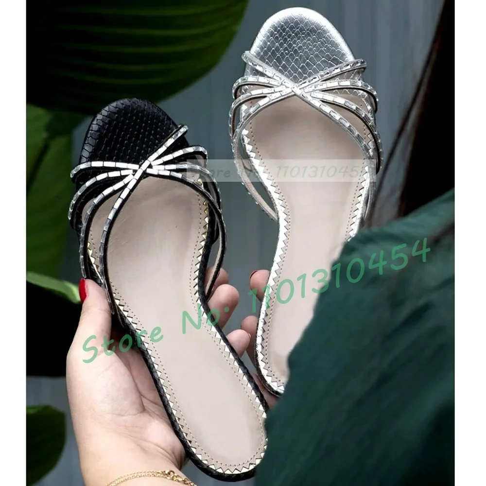 Crystal Cross Strap Med Heel Slippers Women Concise Bling Crocodile Metallic Opene Toe Slippers Ladies Summer Shallow Shoes