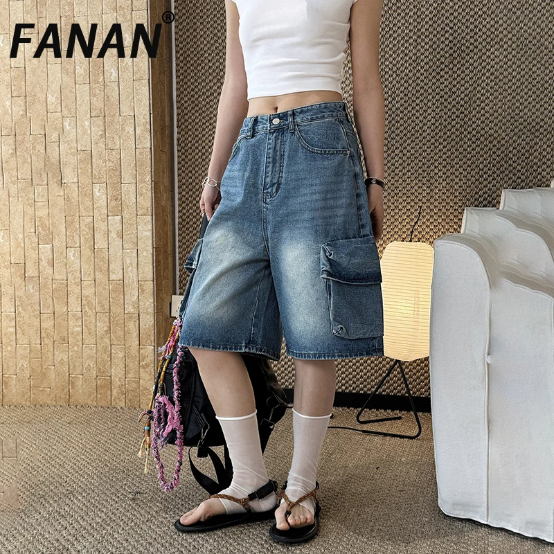 FANAN 2026 Summer New Washed High Waist Jeans For Women Big Pockets Design Office Lady Loose Denim Pants Female Clothing