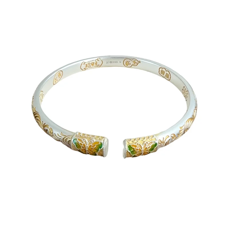 999 غرامة الفضة الإسورة للنساء المينا فراشة و تانغ العشب نمط النيو الصينية نمط الذهب تتبع المفتوحة الكفة هدية مجوهرات #6