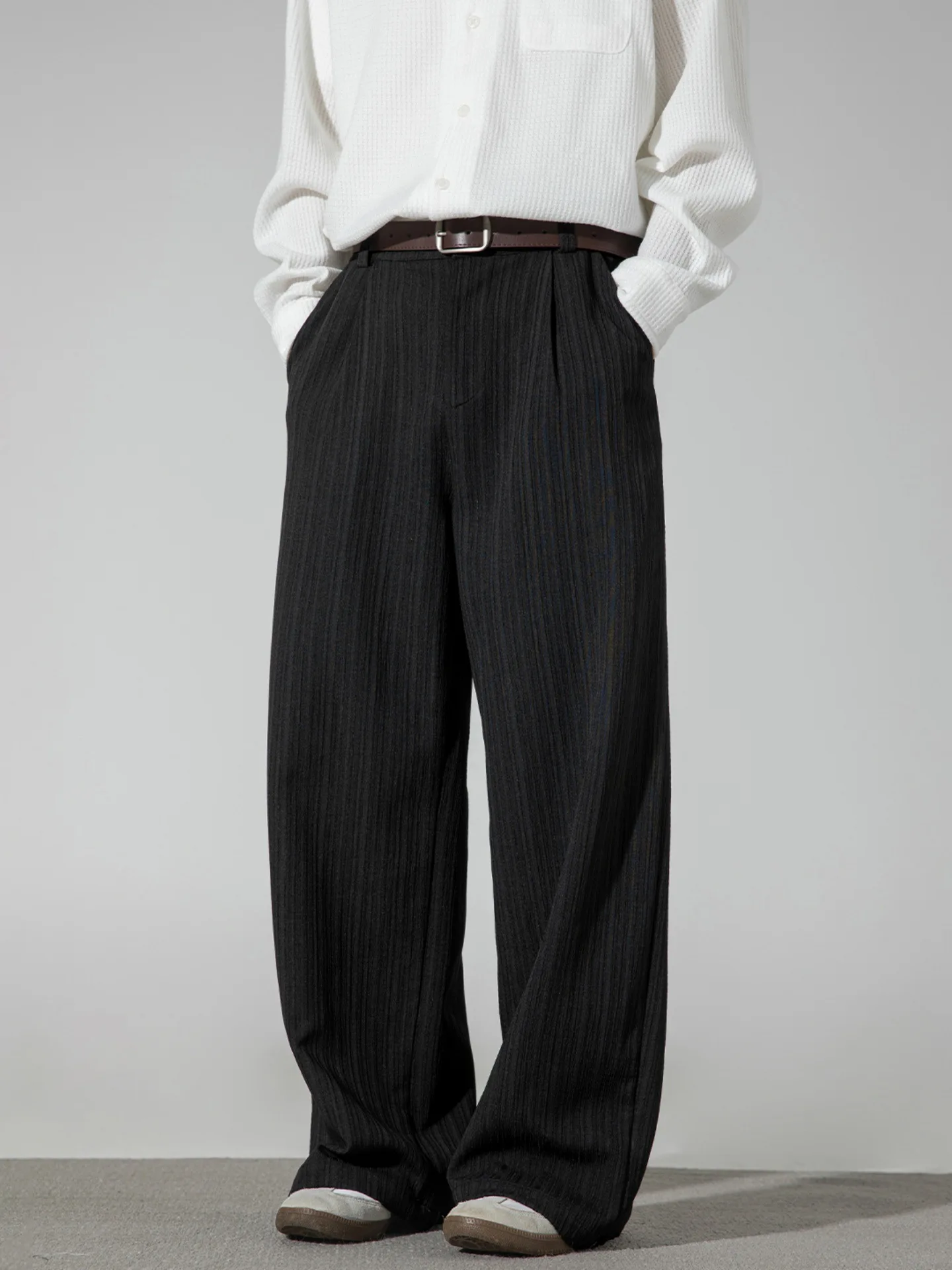 

Retro Striped Texture Premium Drape Trousers Men's Casual Pants Loose Straight Leg Pants Long Pants Soft Breathable