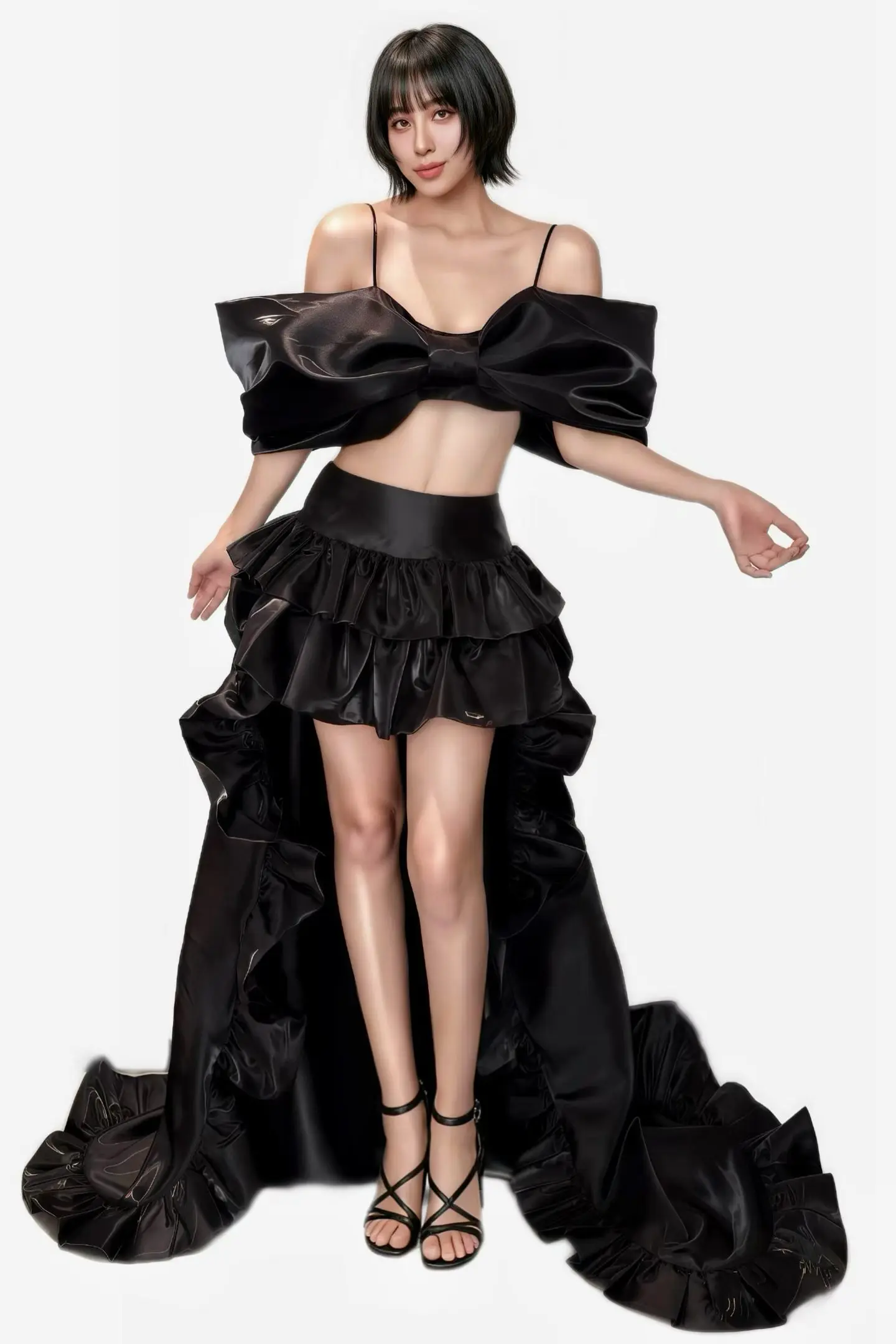Hudiejie Black Satin Bow Crop Top and High Low Ruffle Skirt Two Piece Set for Drag Queen Stage Performances and Formal Events