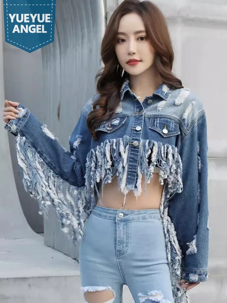 

Women Stage Show Short Style Tassels Hole Ripped Denim Jacket Long Sleeve Cropped Coat Korean Style High Street Fashion Jacket