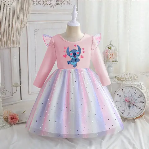 Stitch Princess Dress Autumn New Disney Baby Girls Dress Spring Autumn Long-sleeved For Children Kids Clothes Birthday Party