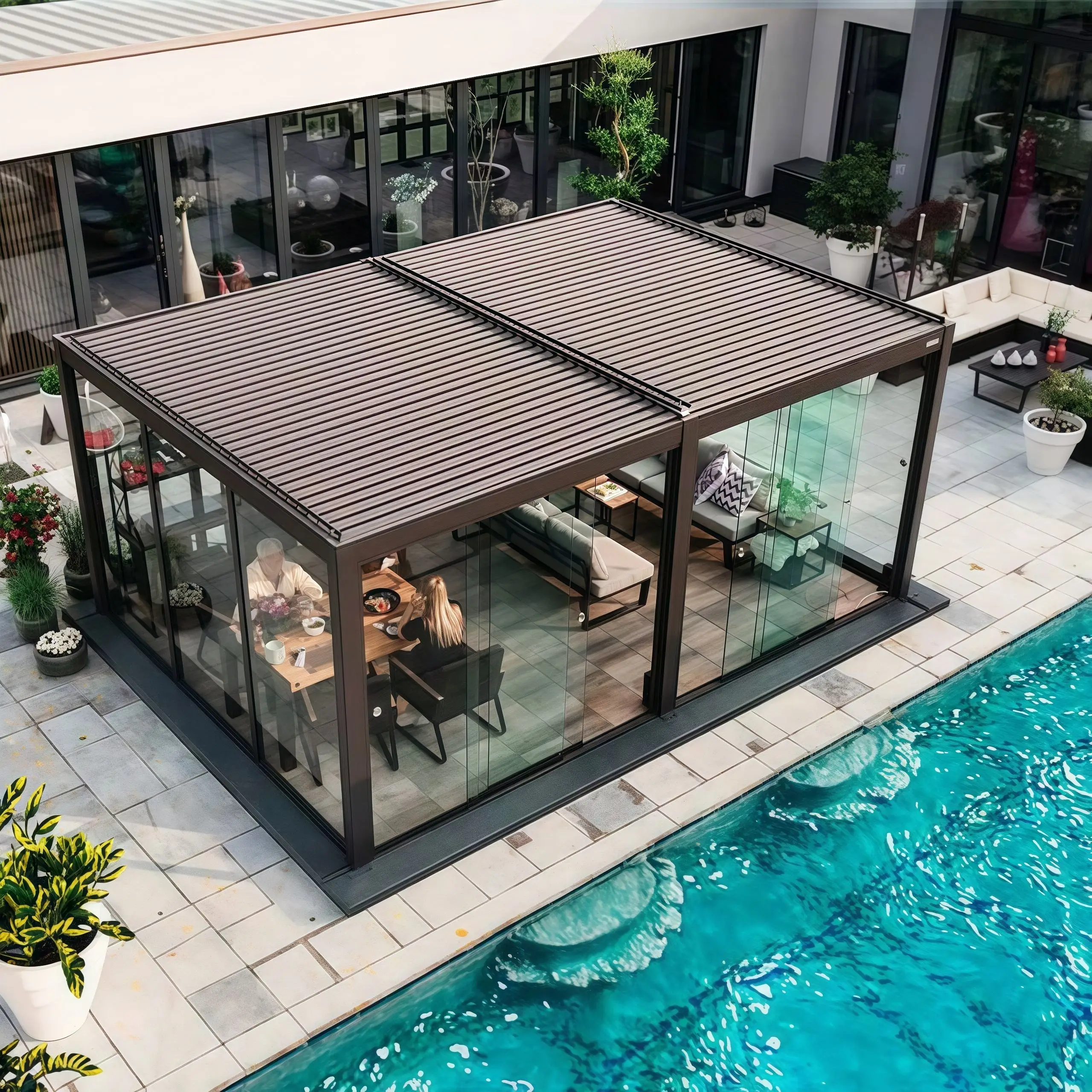 Modern Multi Function Aluminum Pergola Gazebo Waterproof Roof Equipped With Custom Designed Folding Glass room with PVC panels