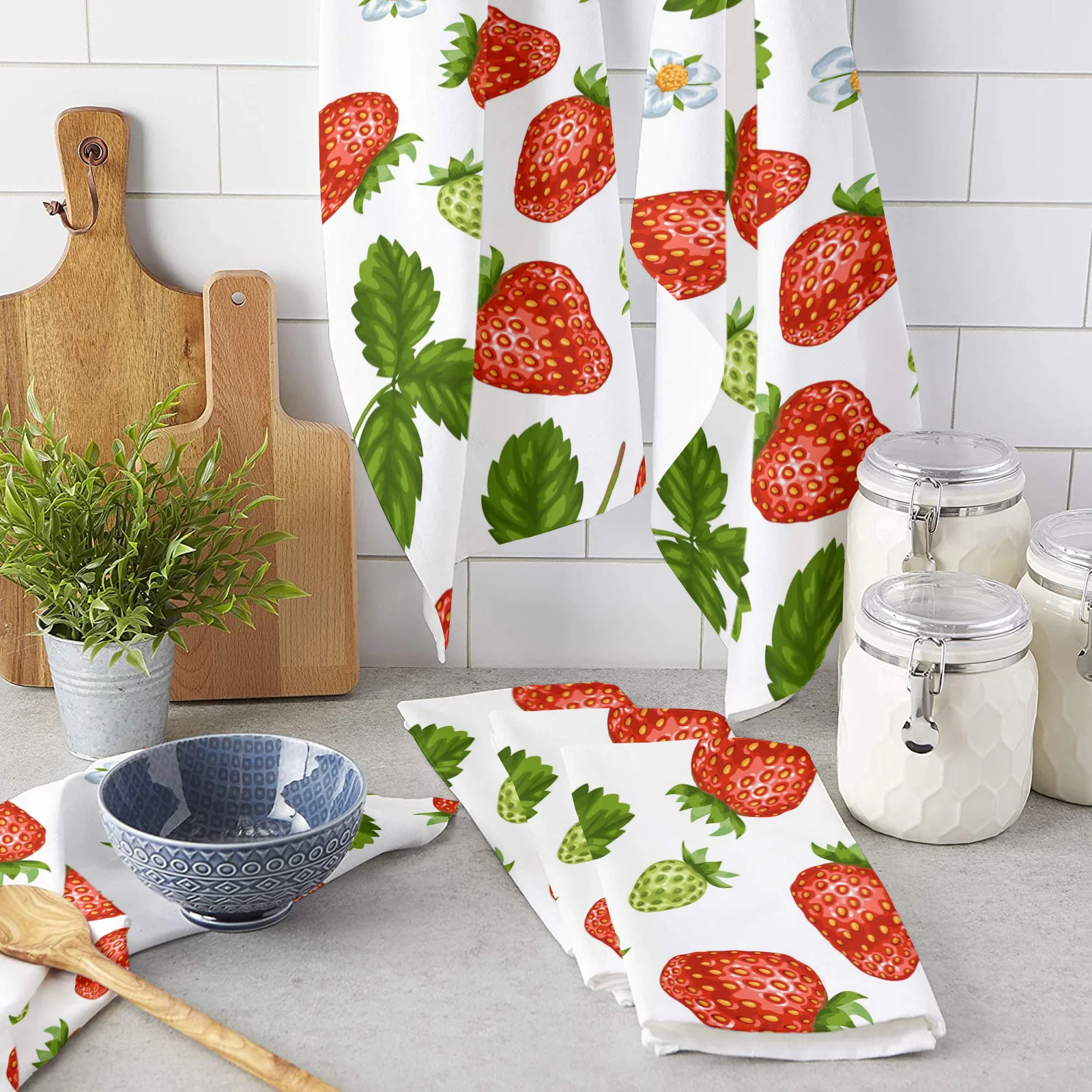 Strawberry Leaves Flower Fruit Kitchen Towel Cleaning Cloth Microfiber Soft Household Super Absorbent Dish Washing Cloth