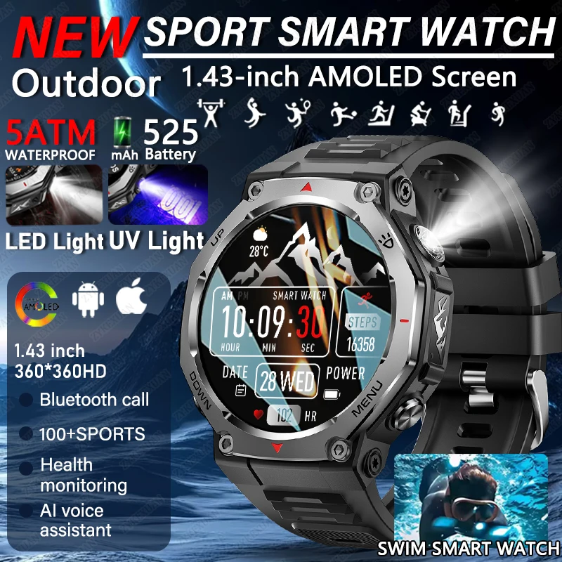 

2025 Новинка для Xiaomi, военные умные часы для мужчин, 5 АТМ, водонепроницаемые BT-вызовы, пульсометр, светодиодный УФ-фонарик, GPS, спортивный трекер, умные часы