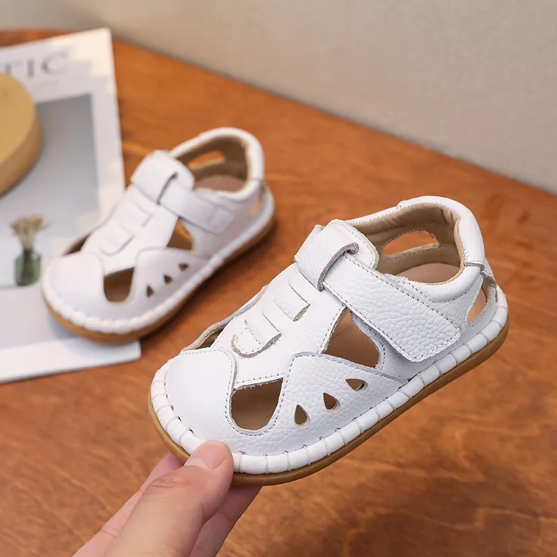 Kids Sandals 2026summer New Cowhide Baby Sandals Anti Slip Baby Walking Shoe 1-3y Anti-collision Kid Shoe Soft Sole Girl Sandals