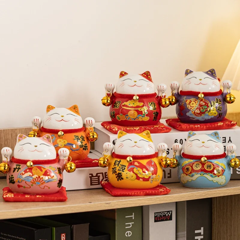 9cm Mini Ceramic Maneki Neko Piggy Bank Lucky Cat Coin Bank with Red Cushion Gift Box Home Shop Desk Decor Fortune Cat Ornament