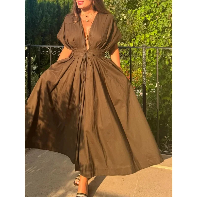 Sukienka damska w stylu retro z wiązaniem w talii, krótki rękaw, guziki, letnia moda, elegancka sukienka w stylu high street 2025