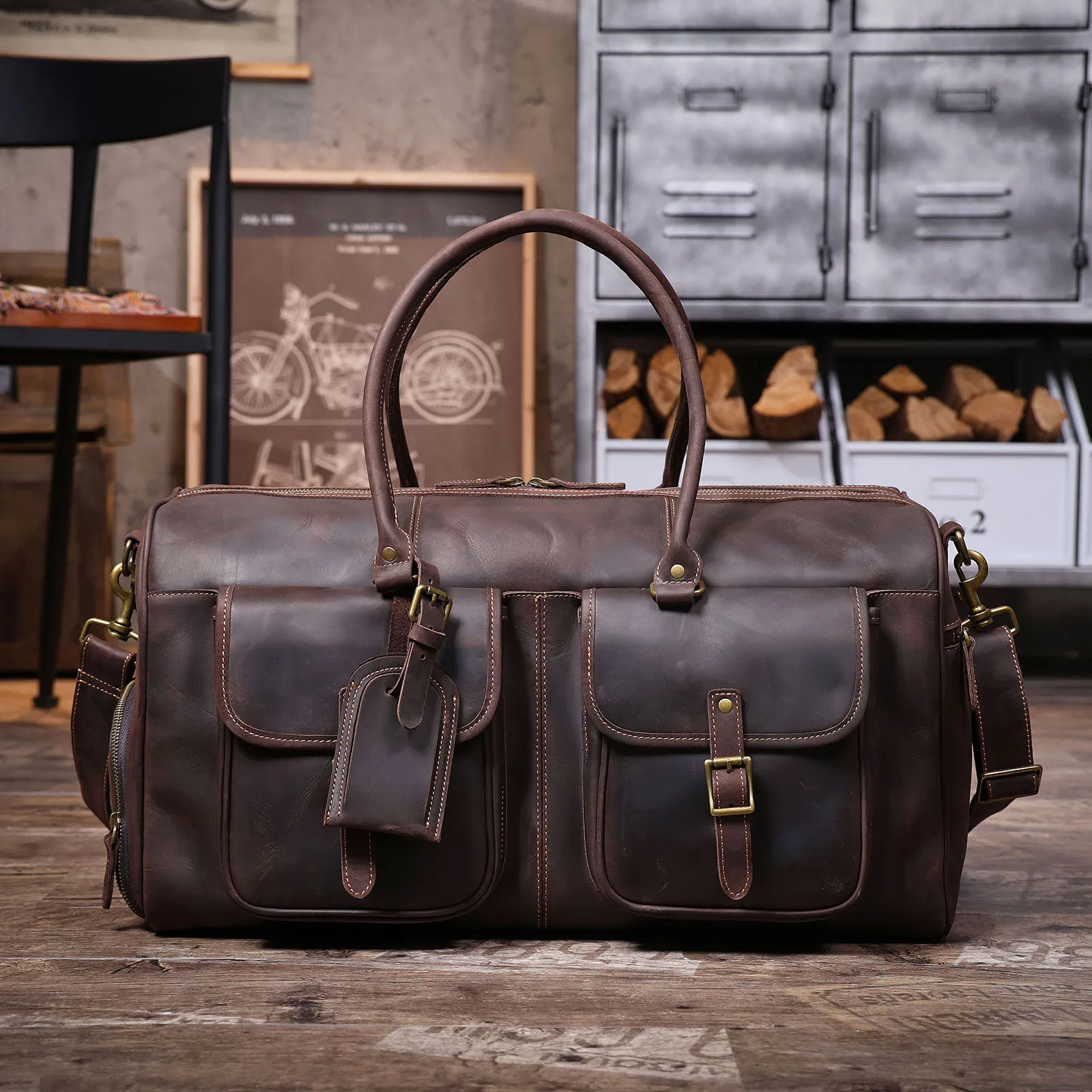 S.WORKER Vintage Echtleder-Reisetasche aus Crazy-Horse-Rindsleder, handgefertigte Weekender-Tasche, Sporttasche – Detail 16