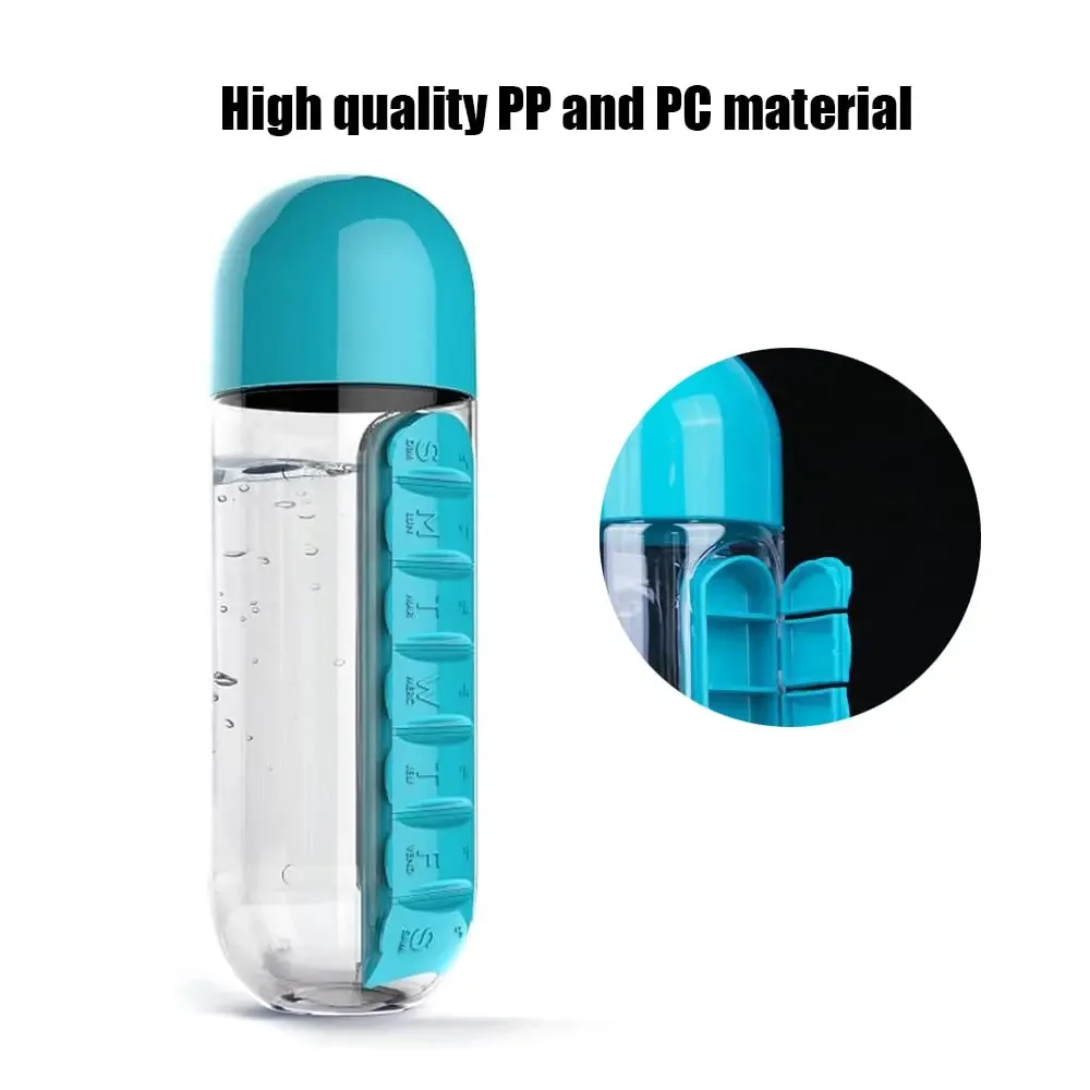 Daily Pill Box Organizer On Water Bottle  2 in 1 Medicine Weekly Box Storage Cup Travel Drinking Container for Office Outdoor