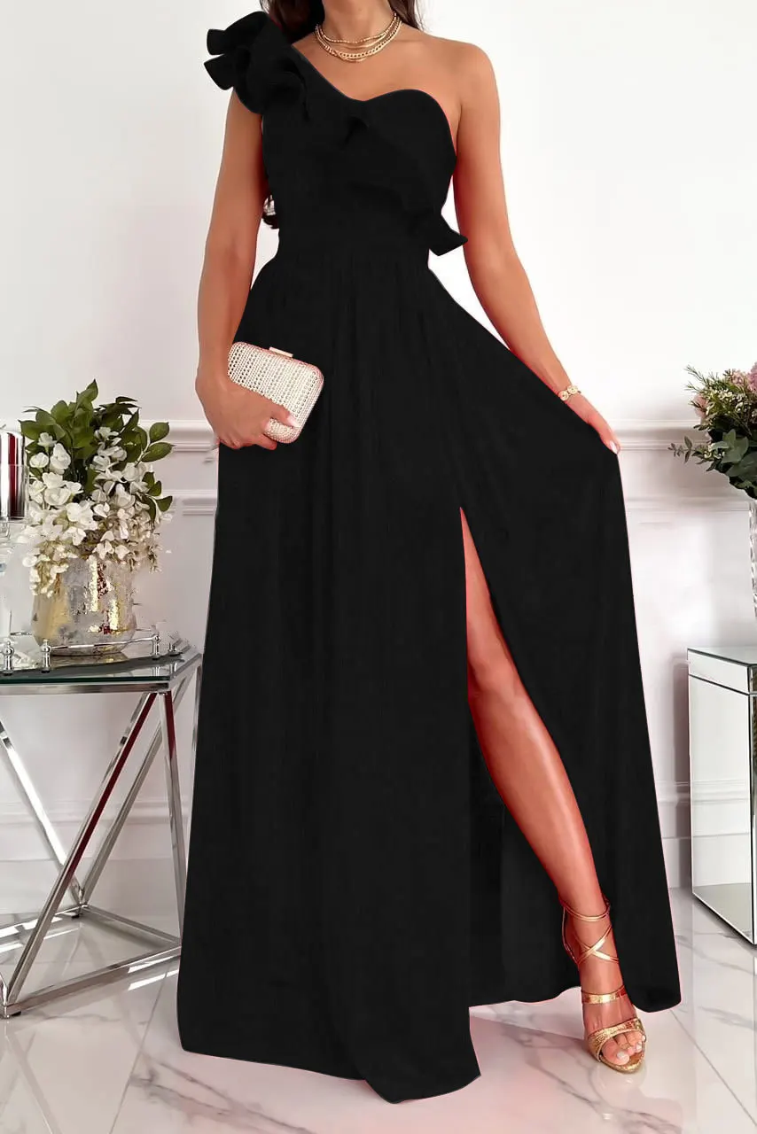 Women One Shoulder Ruffle Sleeveless High Slit Maxi Dress Elegant Evening Party Prom Gown Summer Fashion Wear