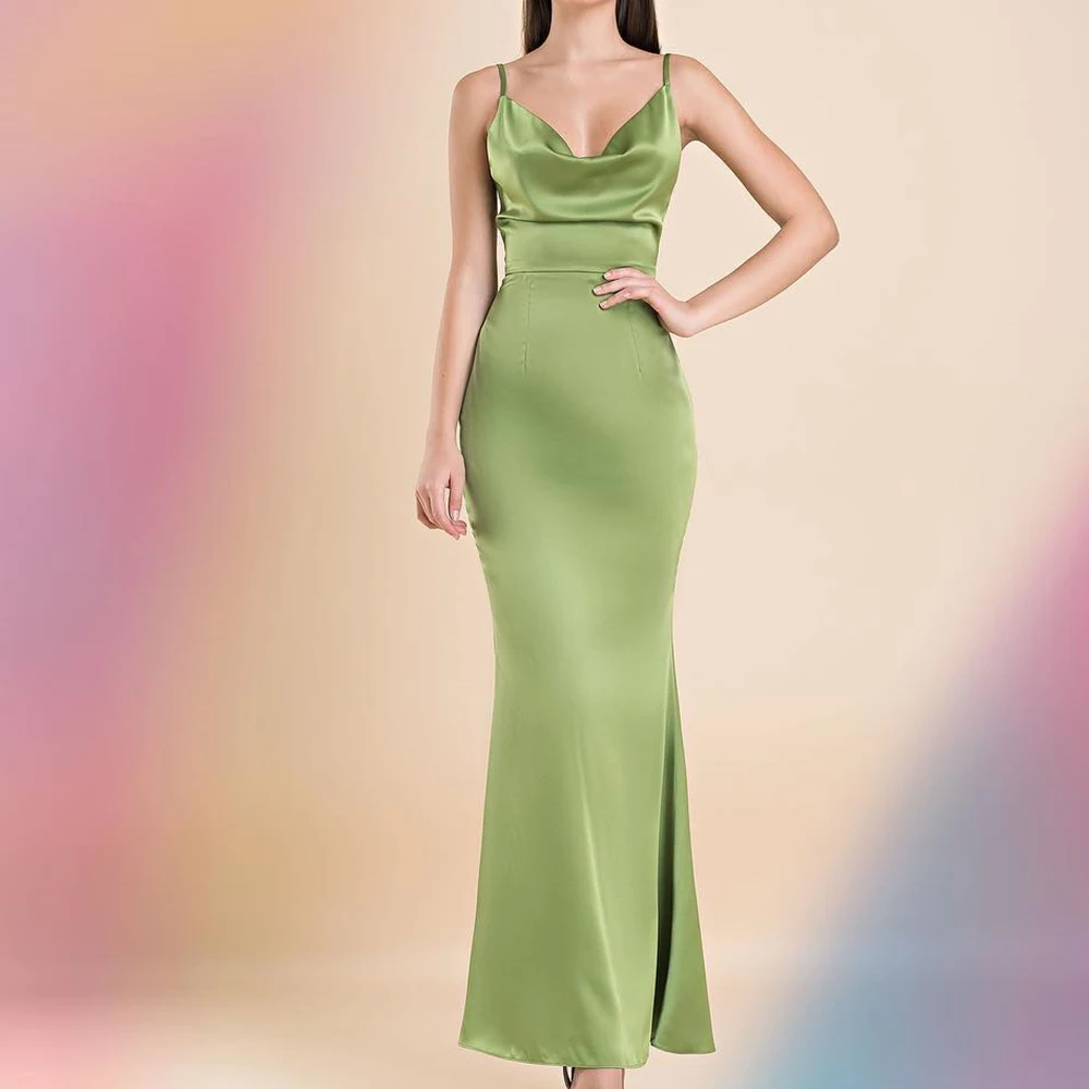 

Customized Temperament Spaghetti Straps Satin Evening Dress Formal Straight Ankle-Length Square Neck Sleeveless платье вечернее