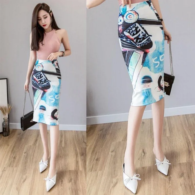 2024 Spring Fashion New Product Oil Painting Pattern Printed Half Skirt High Waist Wrapped Hip Skirt