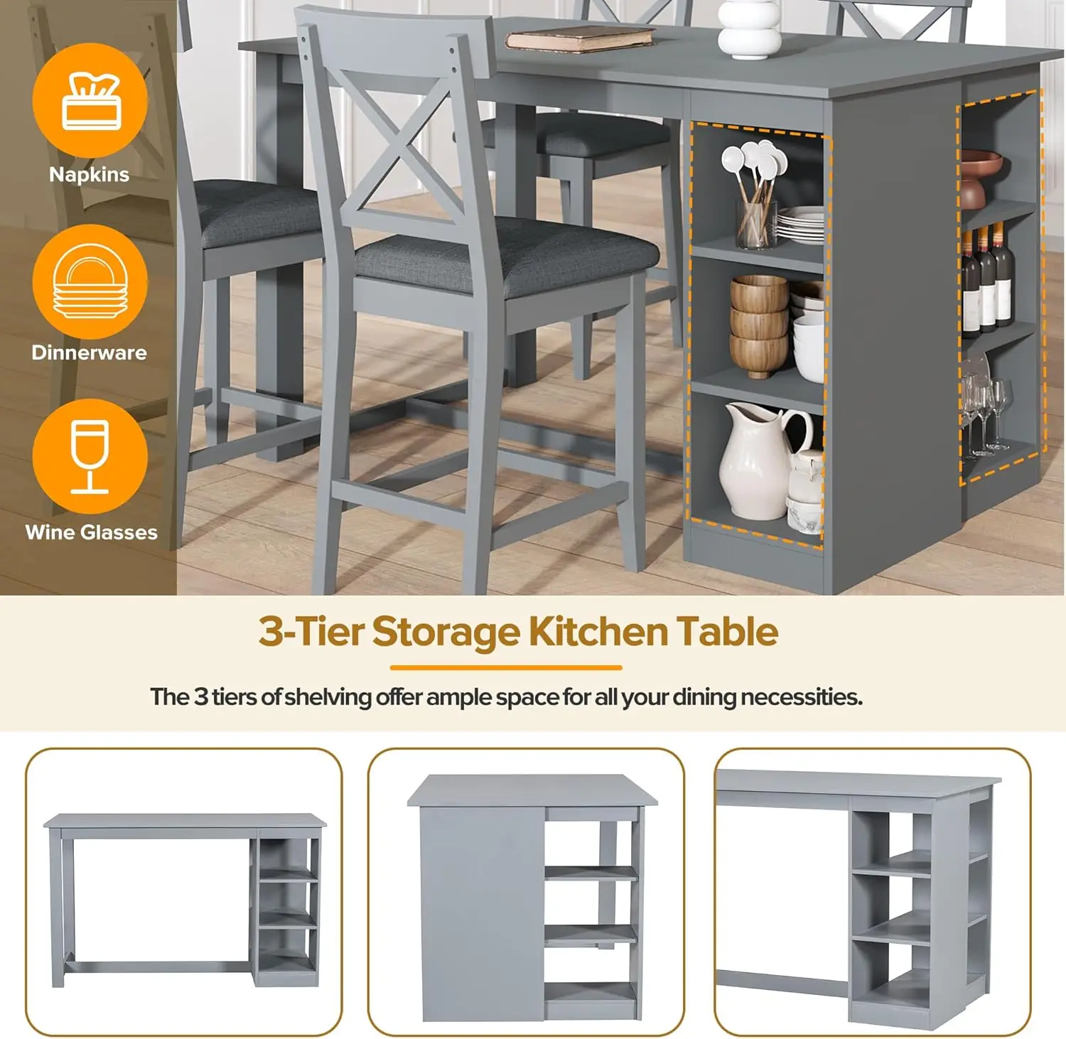 Farmhouse 5-Piece Counter Height Dining Table Set, 2-Tone Rectangular Dining Table With 3-Tier Storage Shelves And Upholstered