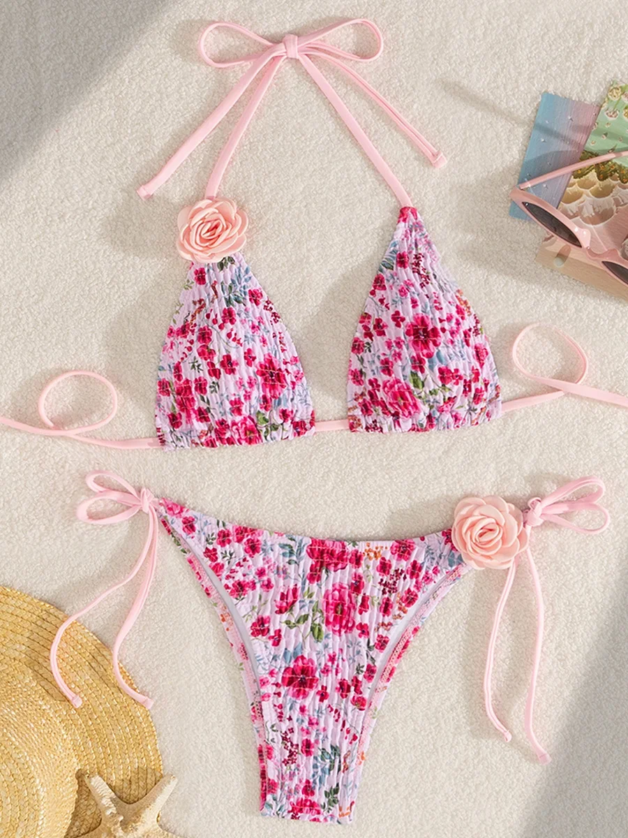 Bikini Plissé Imprimé Fleurs 3D pour Femme, Maillot de Bain Deux Pièces, Col Licou, Style Brésilien