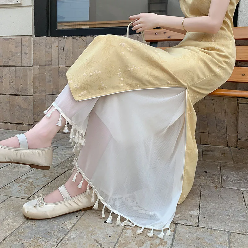 

Ретро-брюки-юбка из шифона с бахромой для ношения под ханьфу, широкие штанины, скрывающие бедра, утягивающие, в стиле ципао, с эластичным поясом, полиэстер