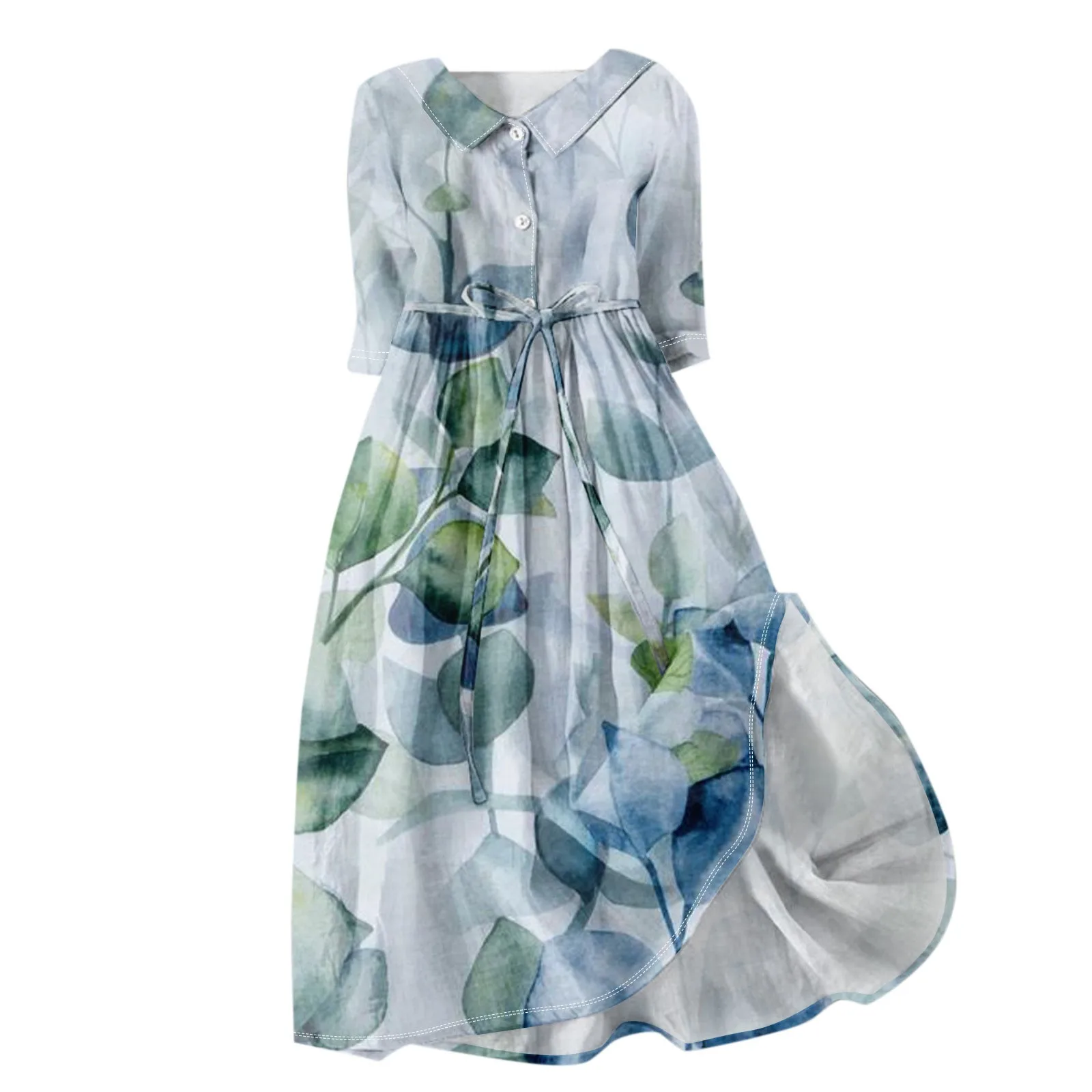 Vestido camisero plisado con solapa y botones para mujer, traje de manga 3/4 con estampado de flores, estilo rústico, Verano