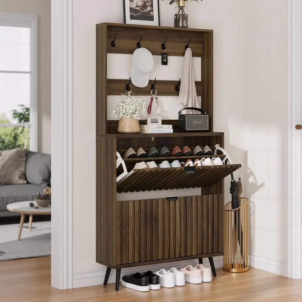 

Walnut 31.5 Shoe Cabinet with Dual Lip Doors & Coat Rack Hooks - Slim Standing Shoe Rack Organizer for Entryway, Hallway, Living