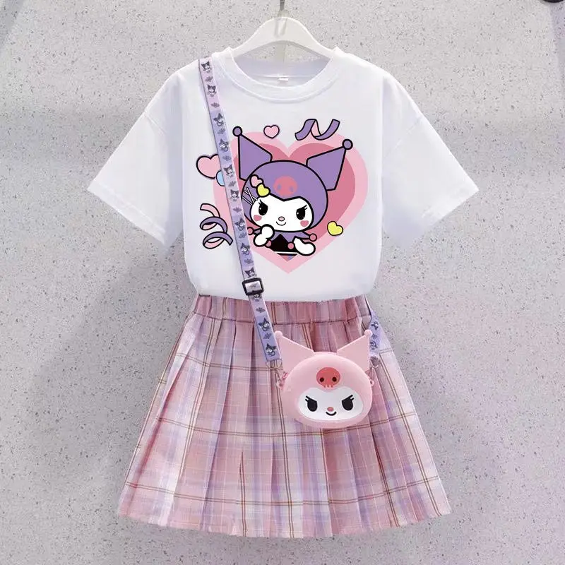

2Pcs Sanrio Kawaii Skirt Kuromi Fashion Dress Girls Girls Summer New Style Children College Style Girls Summer Short Sleeve Set