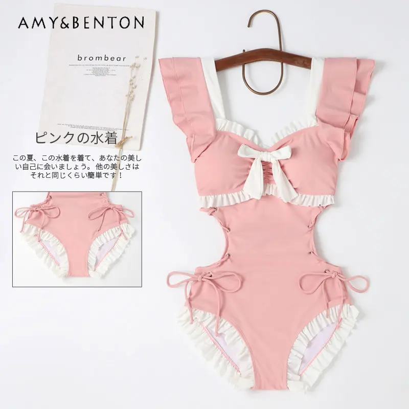 Japanese Cute Girl One-Piece Pink Swimsuit Summer Sweet Bow Lolita Student Swimwear Solid Rojita Swimming Suit for Women