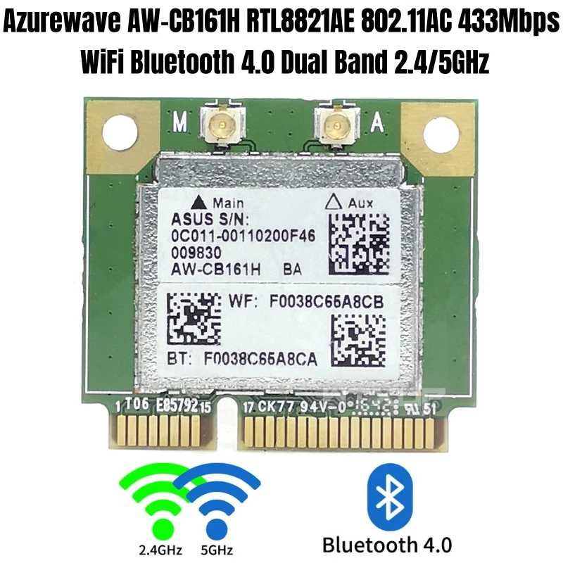 Azurewave-cartão wifi aw-cb161h rtl8821ae, 433mbps dual band, 2.4/5ghz, 802.11ac, bluetooth 4.0, mini placa de rede sem fio pci-e